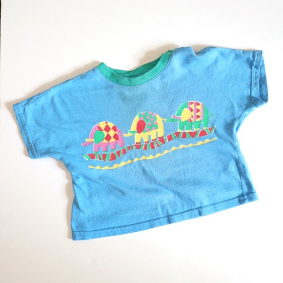 Vintage Rainbow Elephants Tee + Blue Plaid Shorts SET / 12-18M - Picture 2 of 11